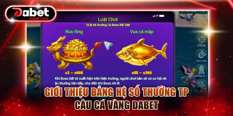 TP Câu Cá Vàng - Top 1 Game Bắn Cá 3D Đỉnh Cao Ở Dabet 3 Bảng hệ số thưởng TP Câu Cá Vàng Dabet